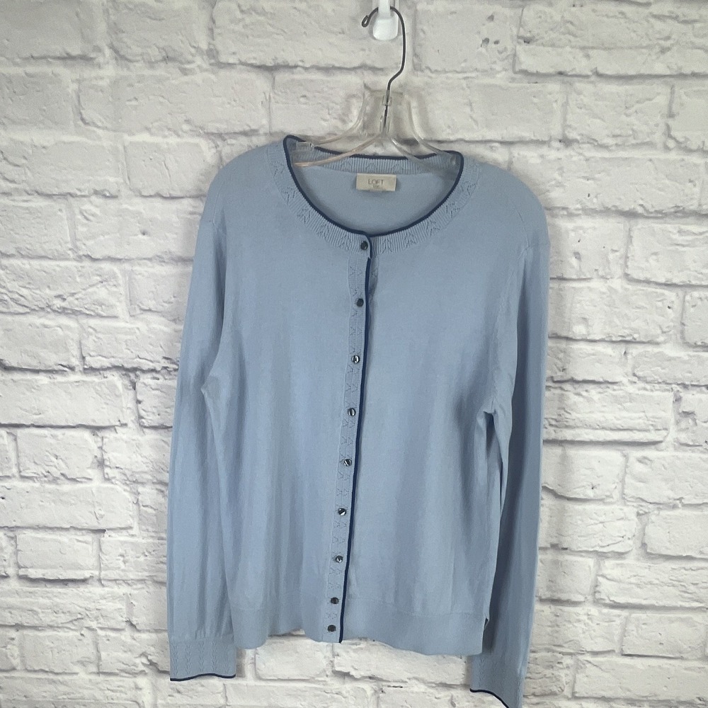 LOFT Blue Preppy Cotton Lightweight  Crew Neck Cardigan Sweater Size L Dainty
